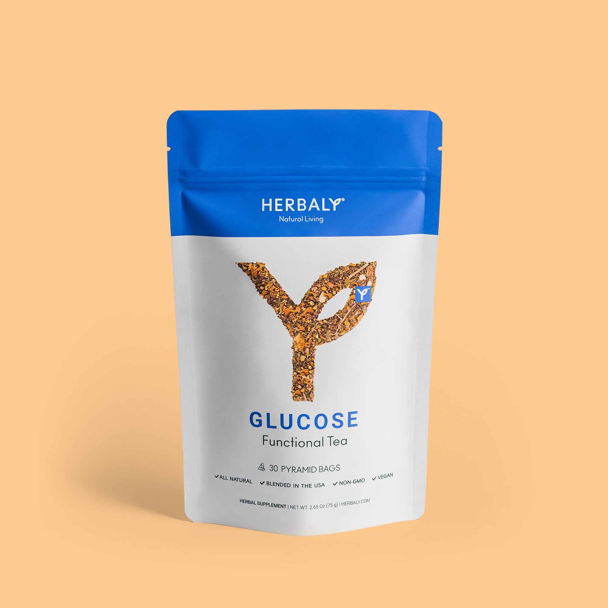 Front shot of Herbaly's Glucose Functional Tea package showing the label details