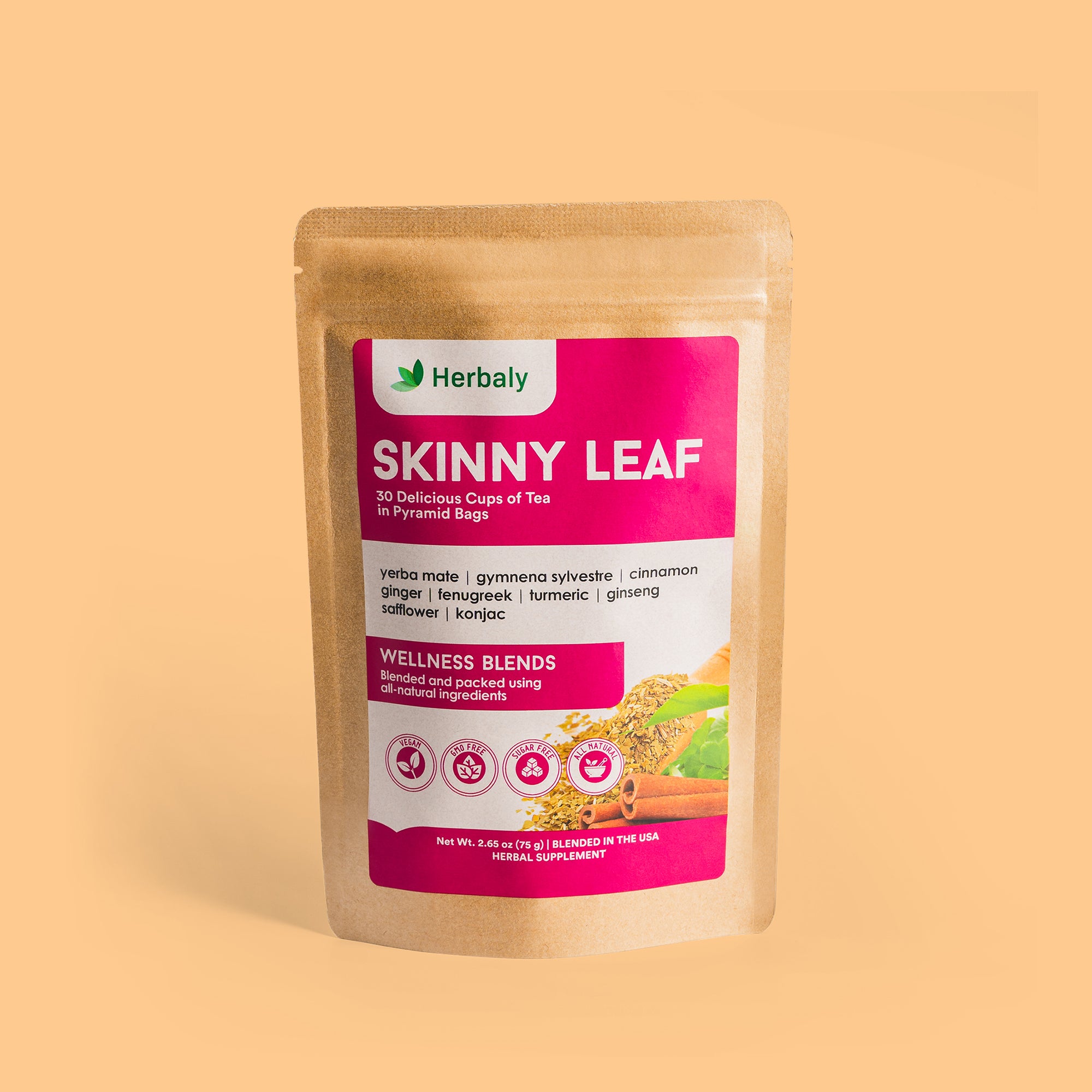 Front shot of Herbaly's Skinny Leaf Functional Tea package showing the label details