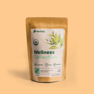 Front shot of Herbaly's Wellness Functional Tea package showing the label details